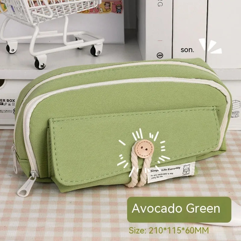 Green canvas pencil case with large capacity for 80 pens, Korean style stationery bag.