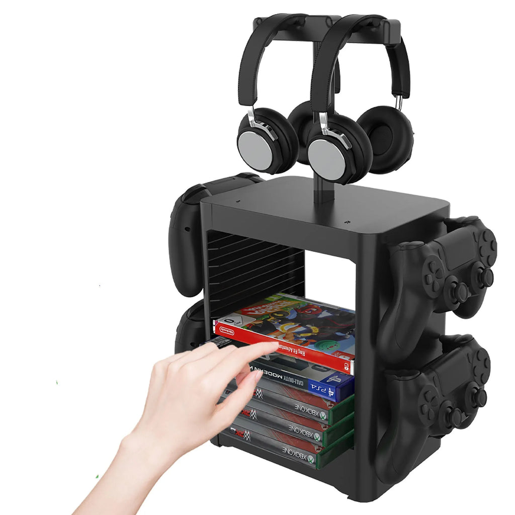 Black gaming console accessories storage rack holding controllers and headphones with a pull-out drawer.