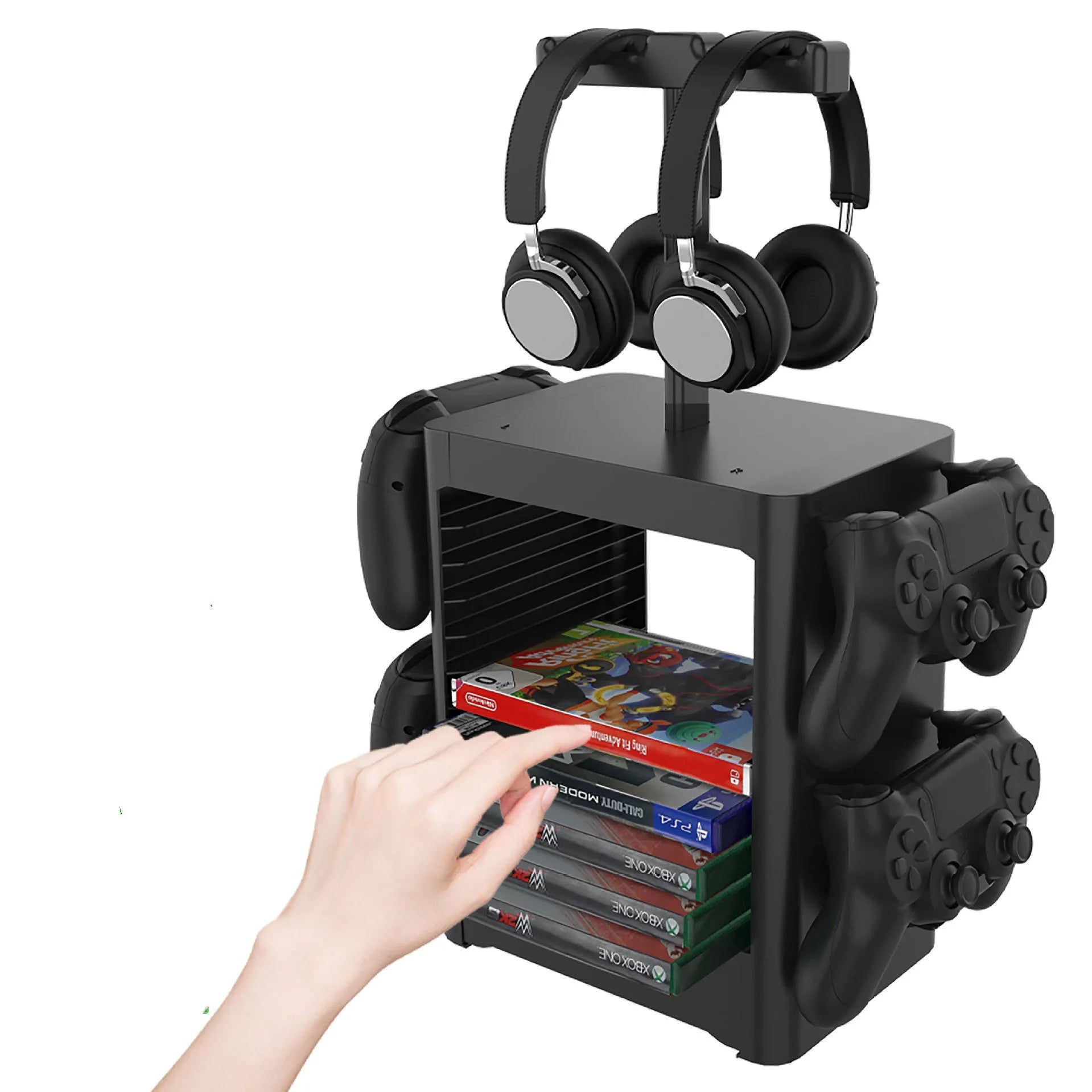 Black gaming console accessories storage rack holding controllers and headphones with a pull-out drawer.