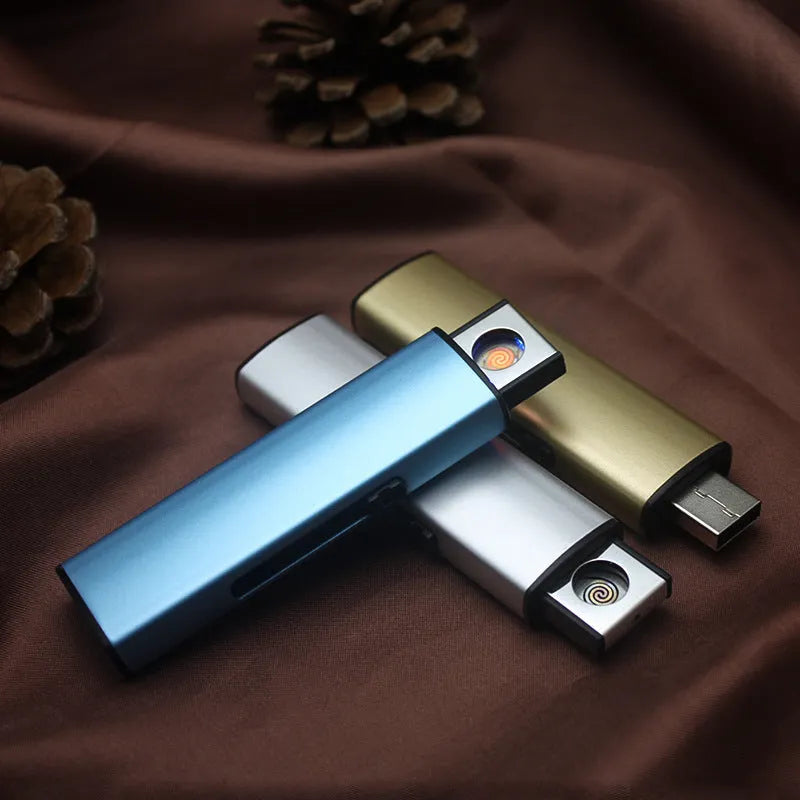 Rechargeable metal windproof cigarette lighter in hand, plain design, random colour