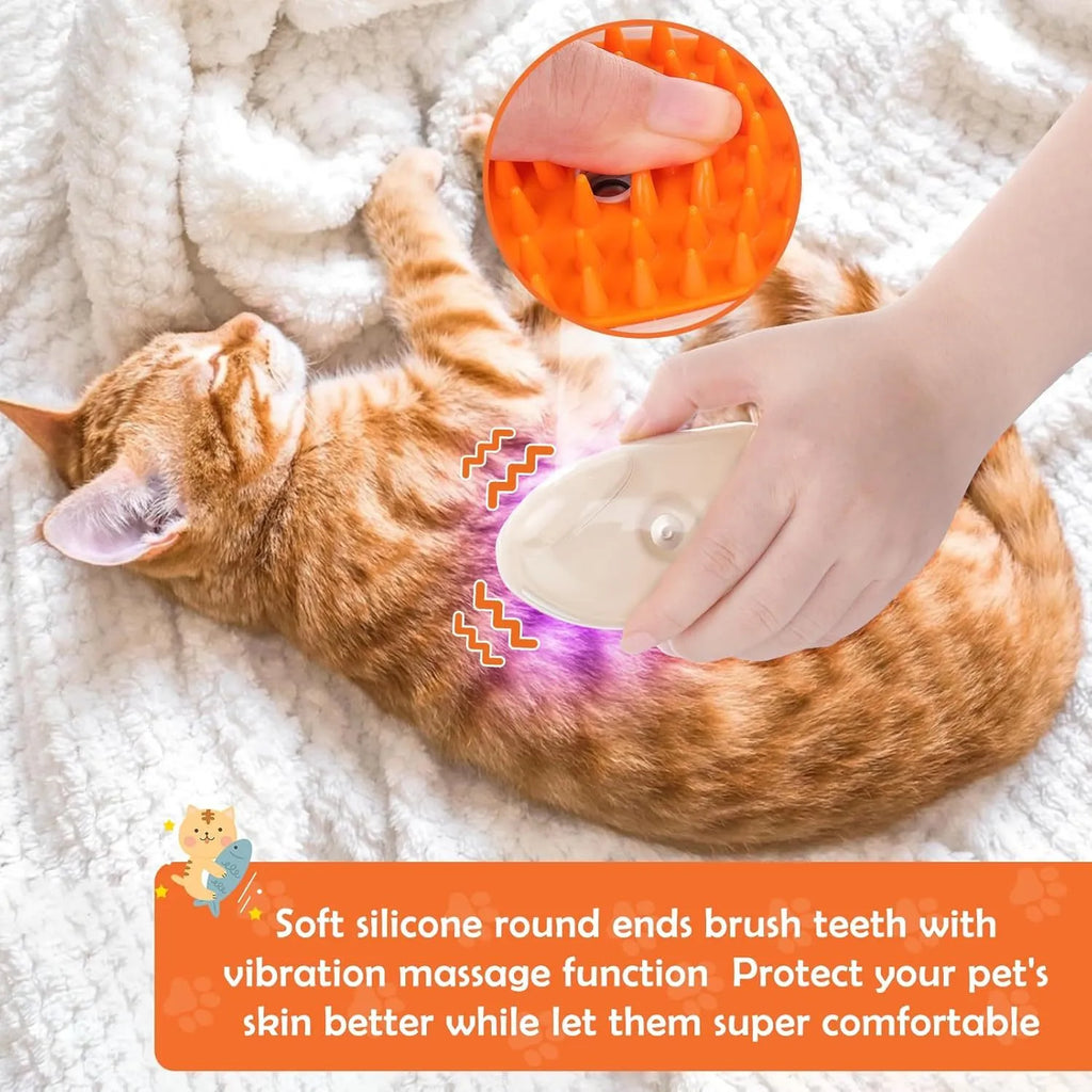 Yellow 4-in-1 cat steam brush with silicone teeth, water tank, and UV lamp for pet grooming.