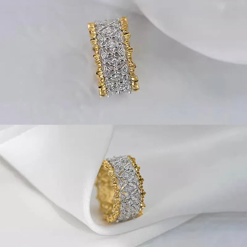 Geometric copper ring with two-tone gold electroplated finish and round zircon detail
