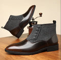 Men's brown retro business shoe with side zipper and square toe on a white background.