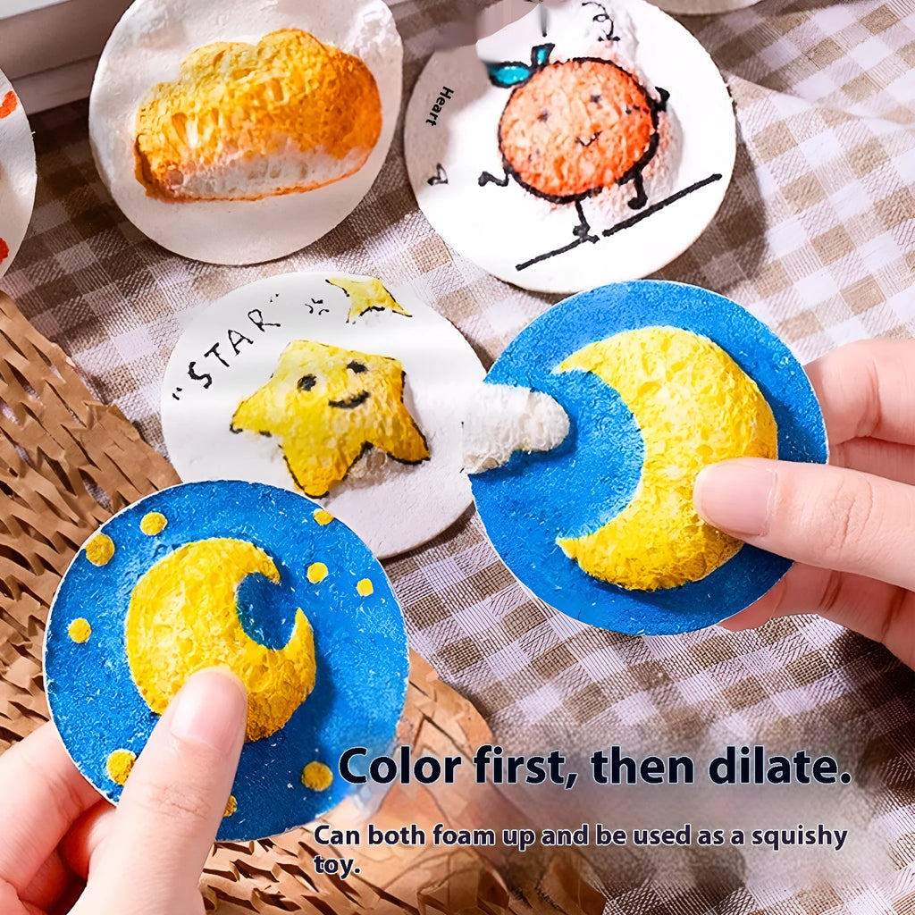 Cartoon wood pulp painting sponge set with heart, round, and square shapes next to six fountain pens