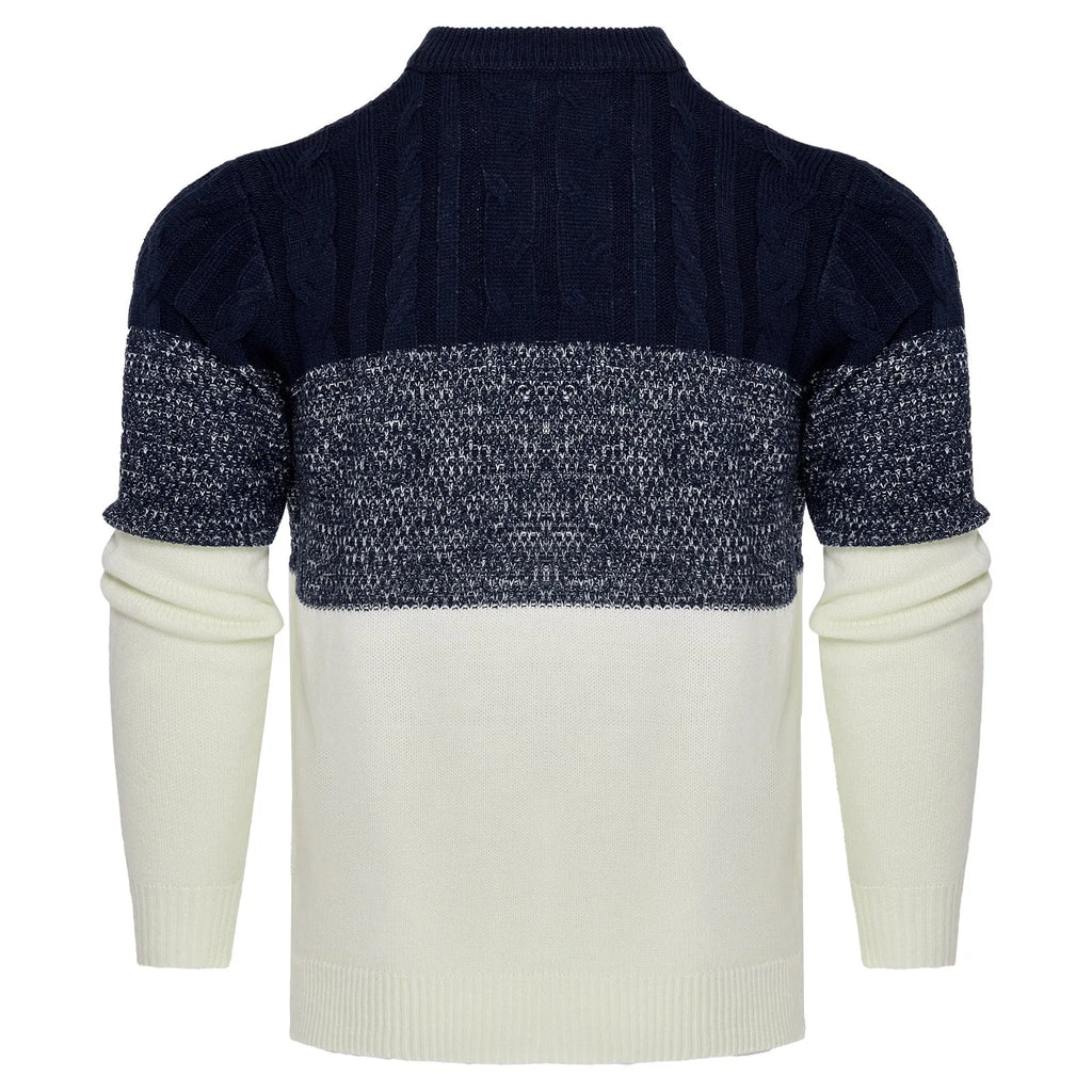 Men's grey knitted pullover sweater with ribbed cuffs and hem on hanger