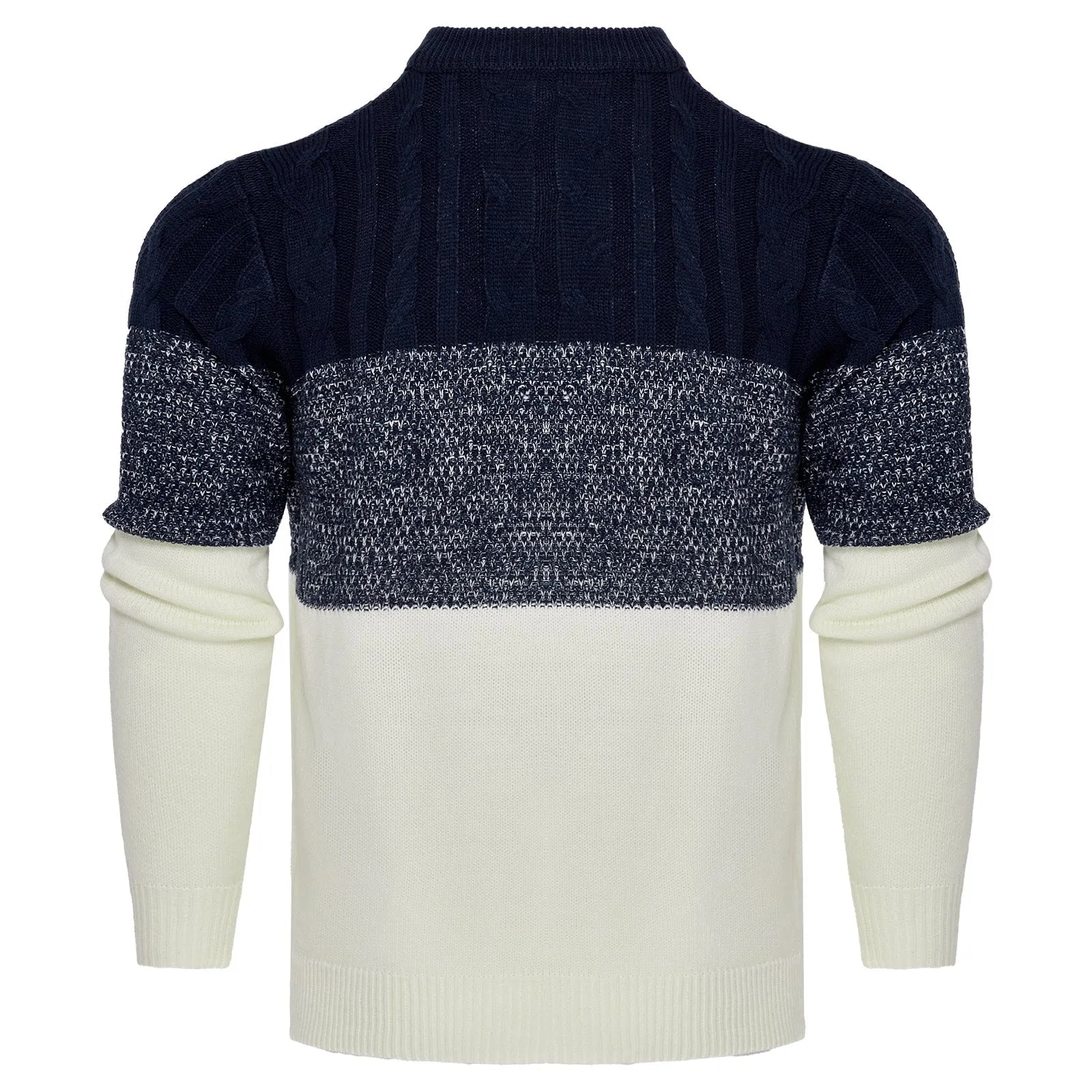 Men's grey knitted pullover sweater with ribbed cuffs and hem on hanger