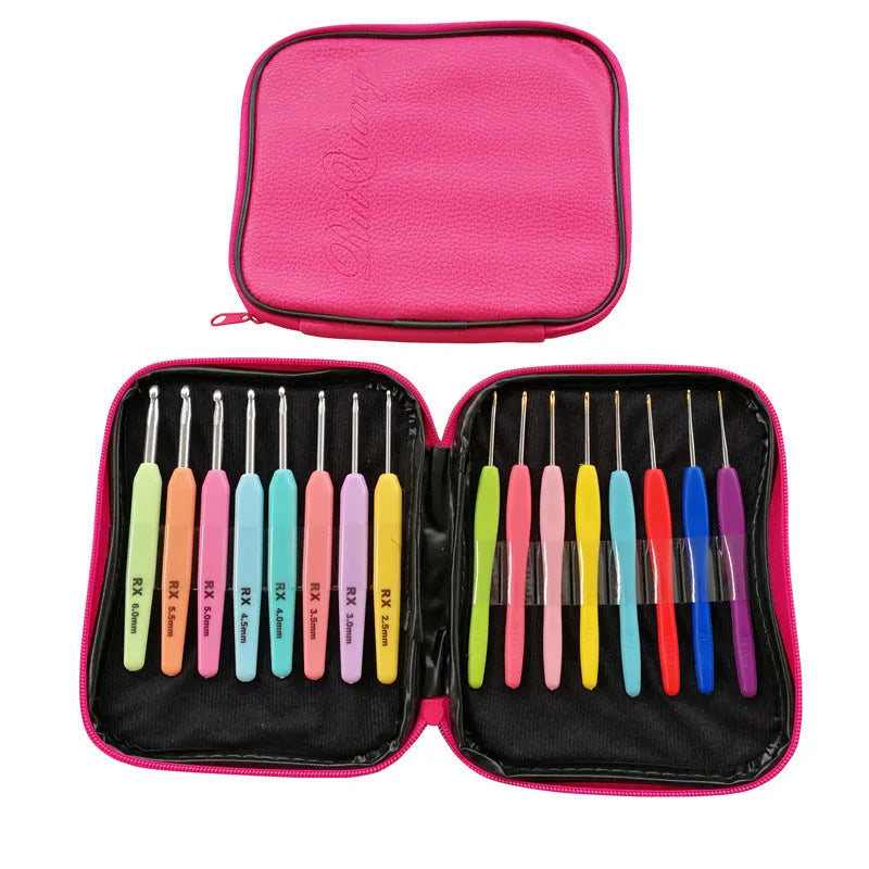 Set of 16 crochet hooks with soft plastic handles in storage bag