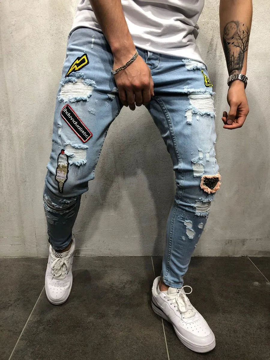 Men's retro low-waist pencil jeans in blue, flat front, cotton polyester blend with zip fly