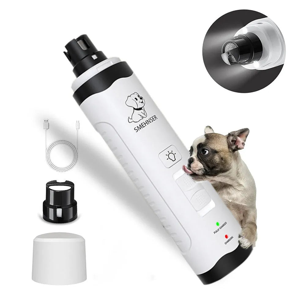 White and grey electric pet nail trimmer with LED display and dust collection port
