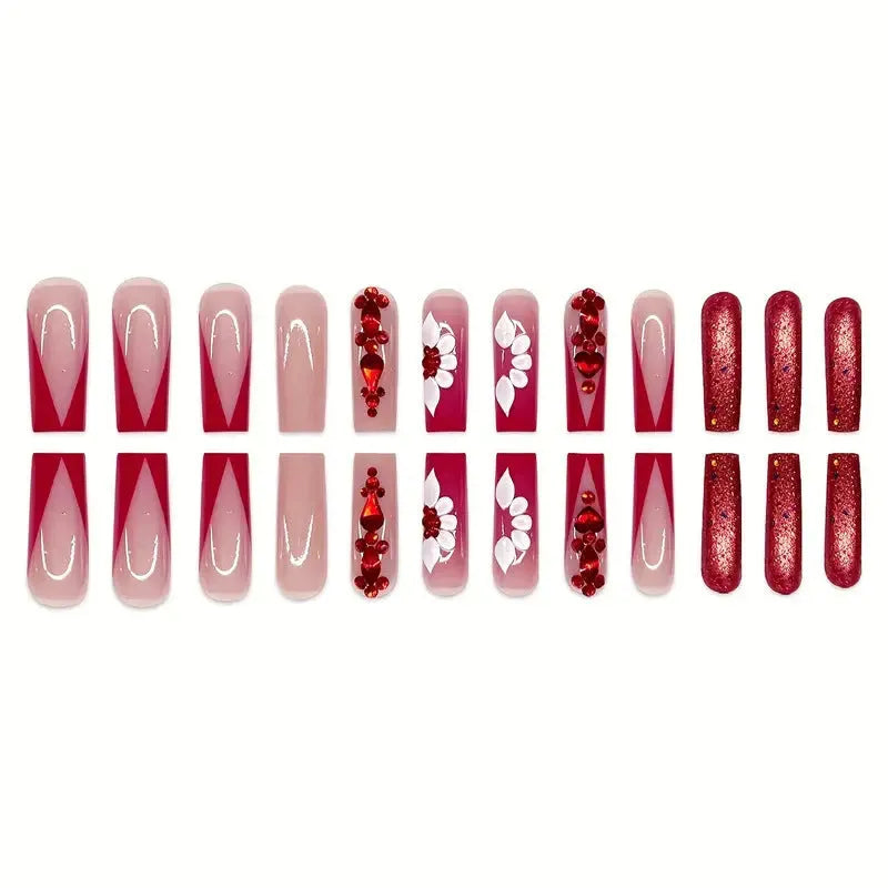 Floral press-on fake nails with prismatic red diamond accents in European square long shape