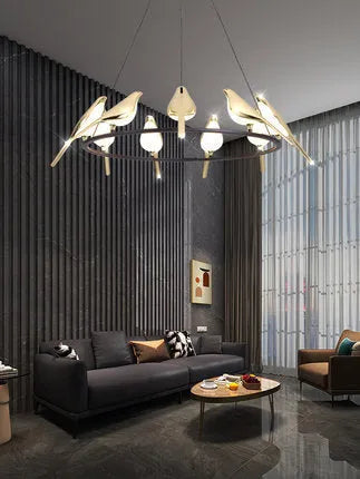 Modern simple aluminium alloy hall chandelier with adjustable height and iron frame.