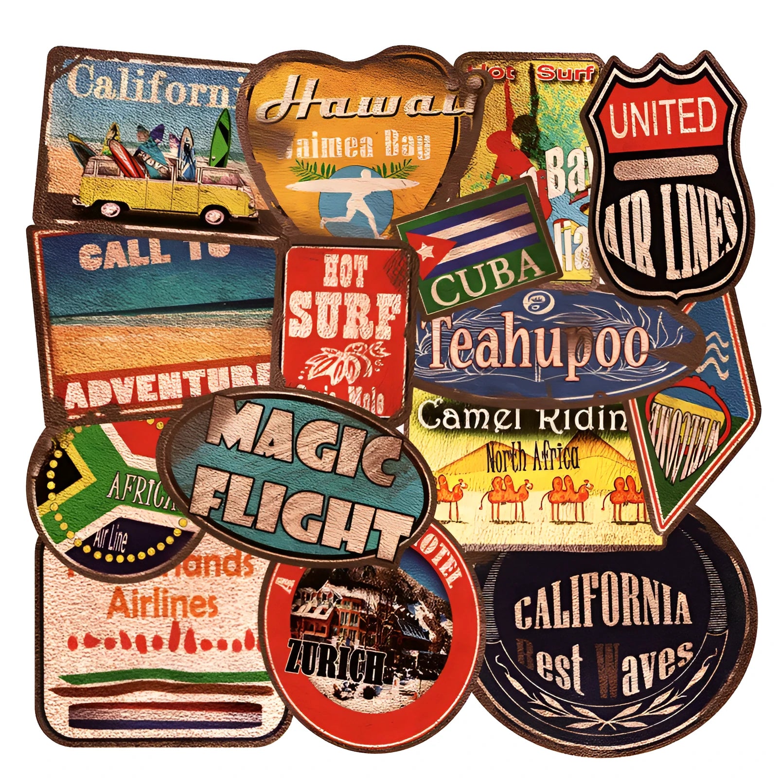 36 retro beach themed stickers with surfing and travel designs in 6-10 cm sizes with matte finish