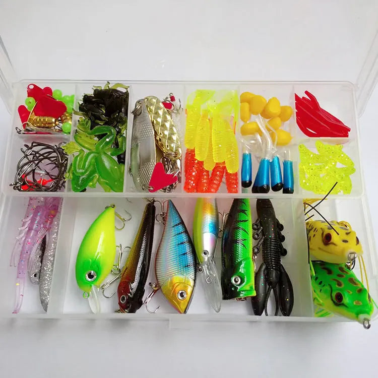 142-piece fishing lure kit showing hard minnow lures with sequins and fishing pliers