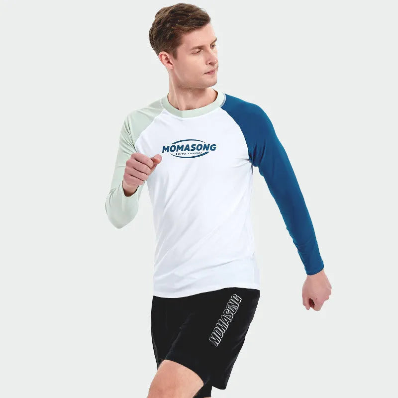 Men's long-sleeved swimsuit with white top and matching swim trunks for beach sports