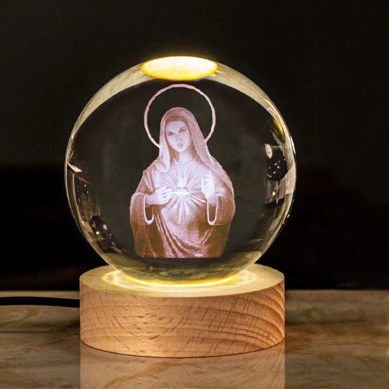 White crystal ball church desk ornament lamp with solid wood warm light base