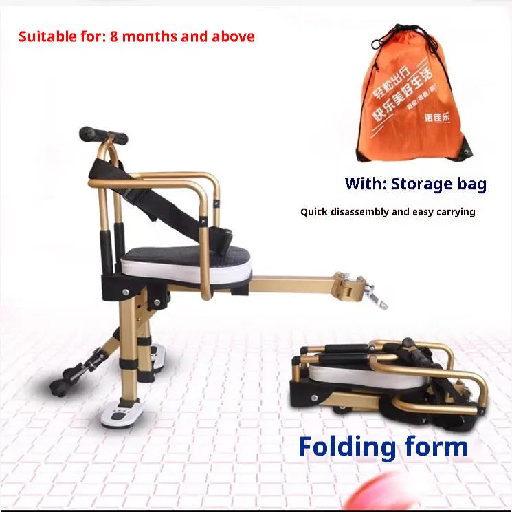 Aluminium alloy front-mounted folding child seat for shared bicycle in yellow with armrest