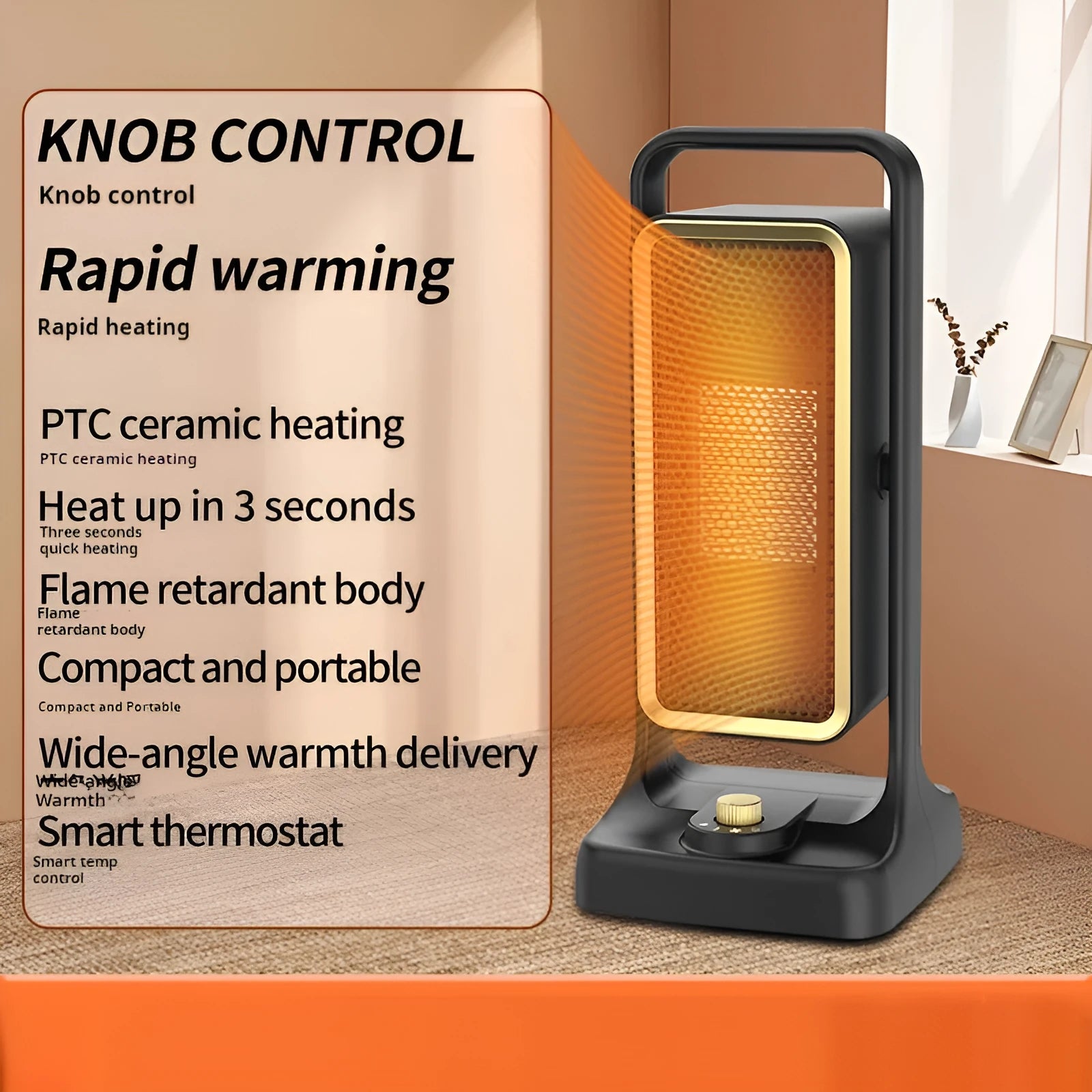Black desktop PTC ceramic air heater with control knob, measuring 14.9cm wide by 33.5cm tall.