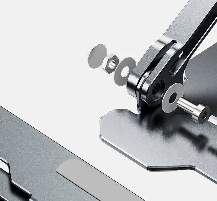 Grey adjustable aluminium laptop stand with hollow design, shown holding a silver laptop.
