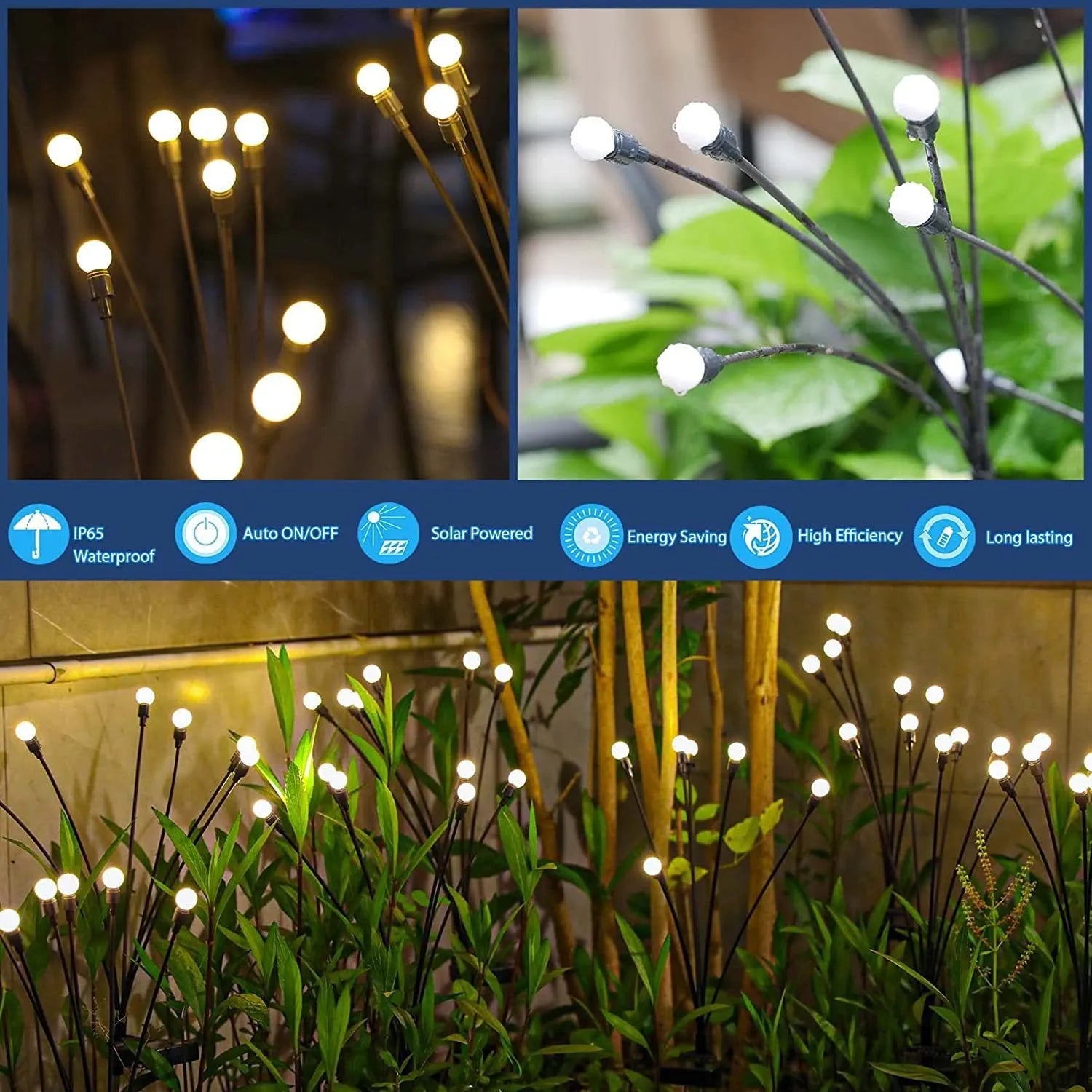 Solar-powered LED garden ground light with multiple heads and a stainless steel stake inserted into soil.