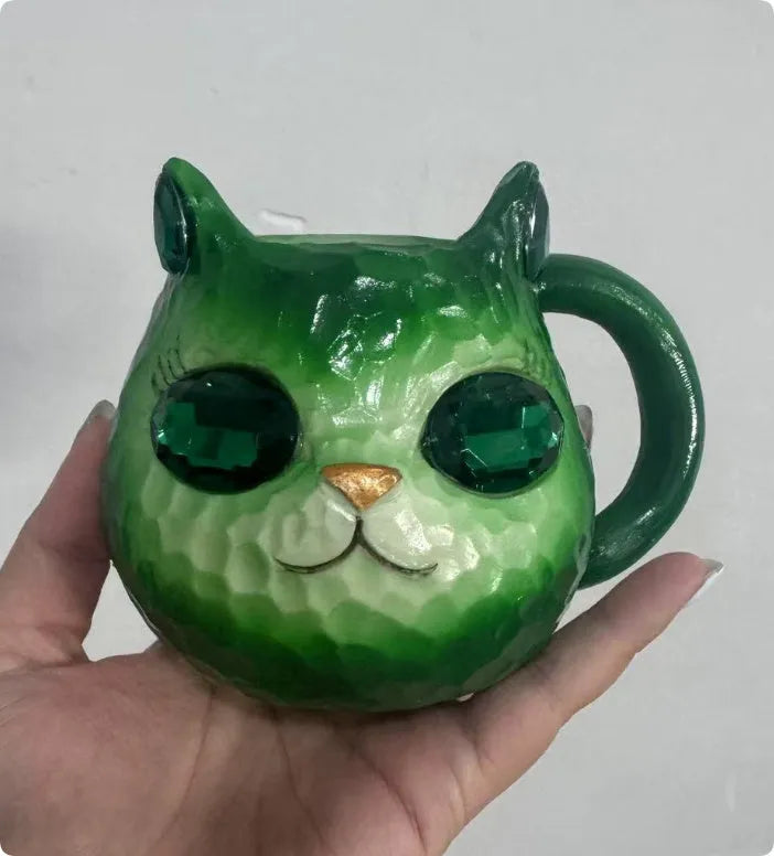 Crystal Earth decorative cat resin cup in American style, available in blue, green, pink, and purple colours.