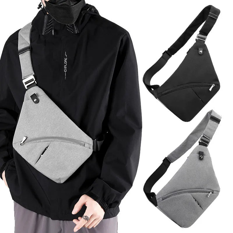 Men's grey Oxford cloth chest bag worn crossbody with letter detail