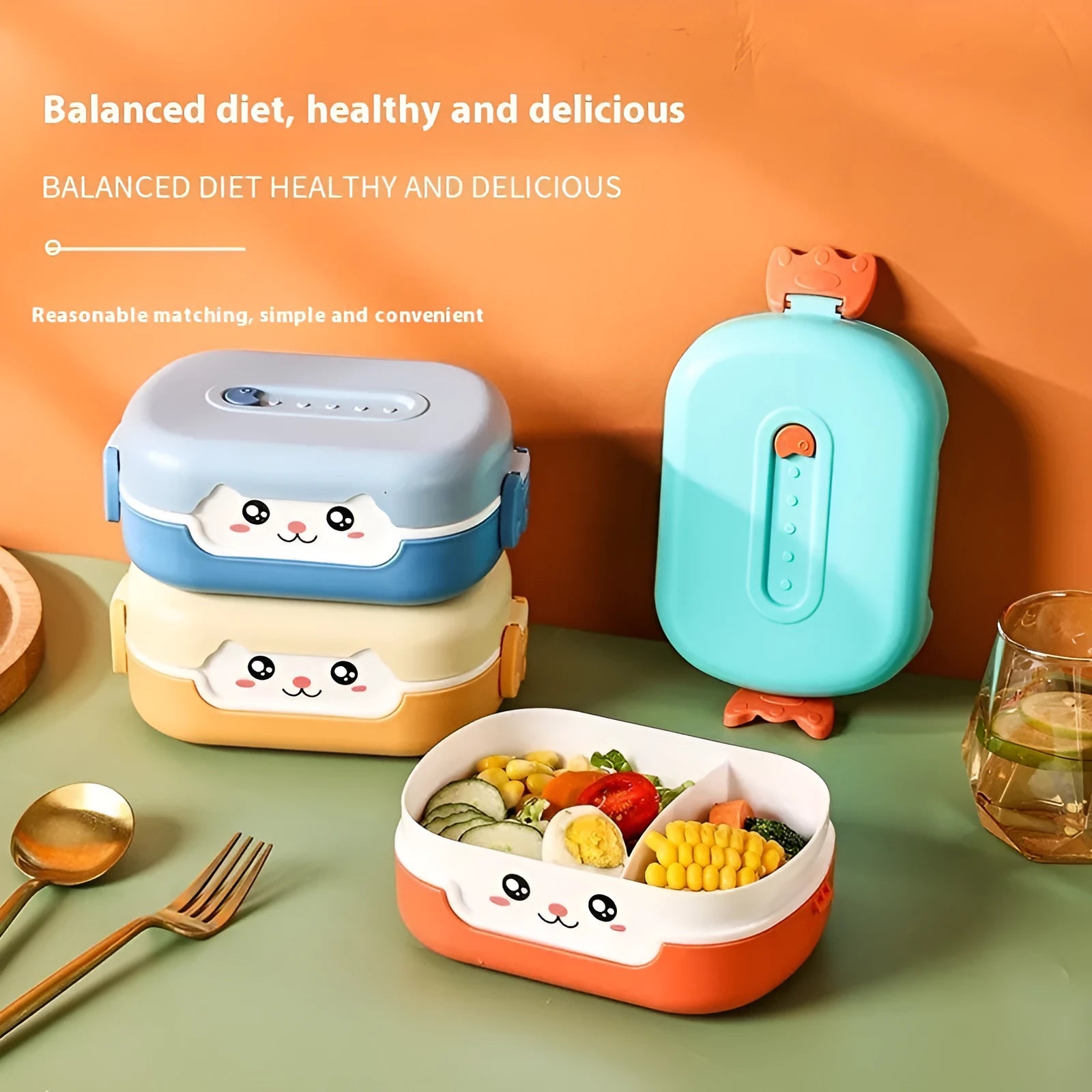 Square divided plastic lunch box with cartoon design in three colour options