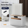 Dark grey automatic electric dental floss box with intelligent induction sensor on a bathroom countertop.