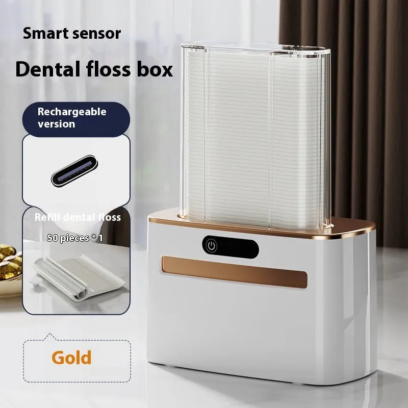 Dark grey automatic electric dental floss box with intelligent induction sensor on a bathroom countertop.