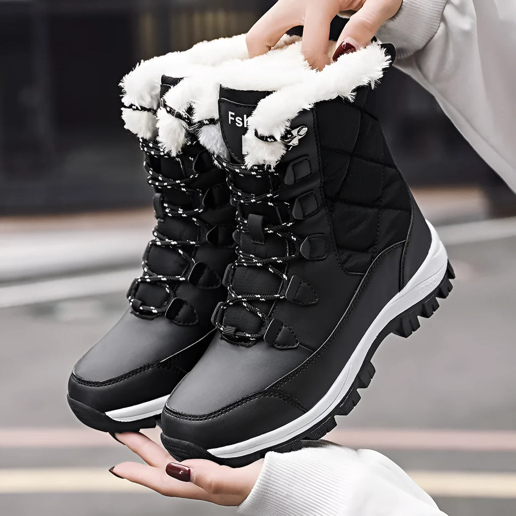 Women's fashion casual high-top snow boots in black with artificial PU upper and rubber sole