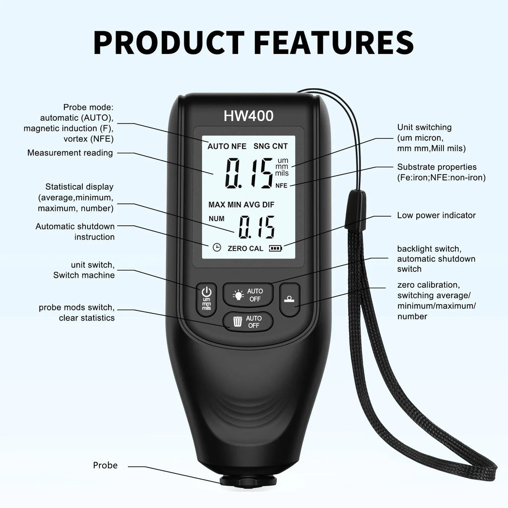 HW400 coating thickness gauge in black with digital display, measuring paint thickness on metal surface