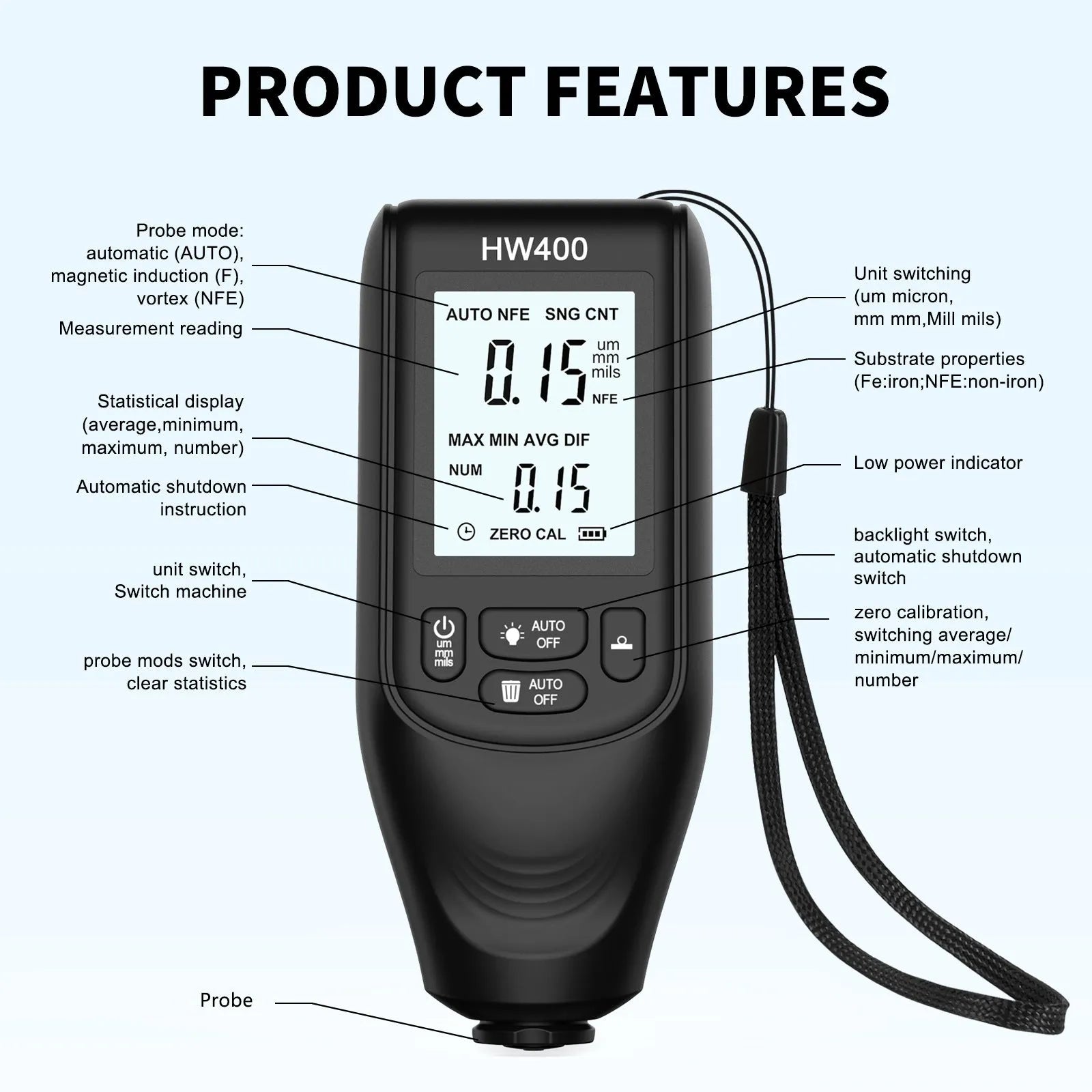 HW400 coating thickness gauge in black with digital display, measuring paint thickness on metal surface
