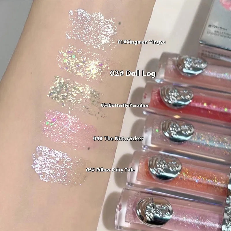Ballet brand liquid eye shadow set showing five shimmer colour pots: Sakura Field, Doll Log, Butterfly Paradise, Nutcracker, Pillow Fairy Tale.