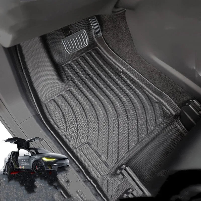 Waterproof TPE car mats for Tesla Model X showing front, rear, and tailbox pieces