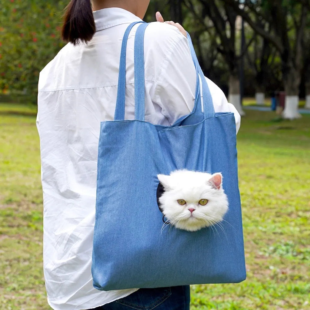 Canvas pet shoulder bag with cartoon pattern for small dog or cat transport