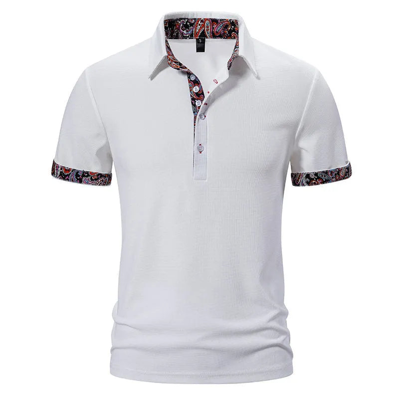 Men's navy blue polo shirt with colour stitching detail on the turnover neck and short sleeves.