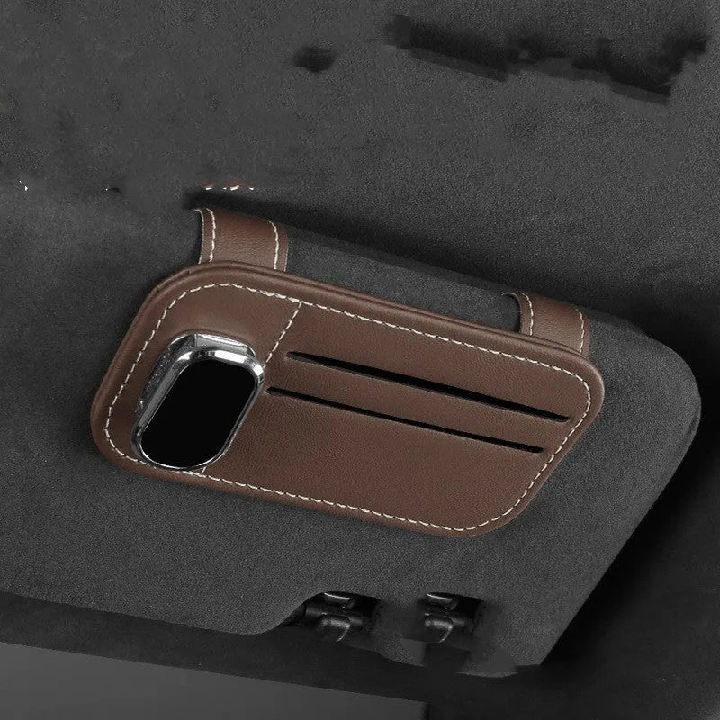 Cowhide leather automotive sun visor holder with glasses clip and card slots in beige colour.