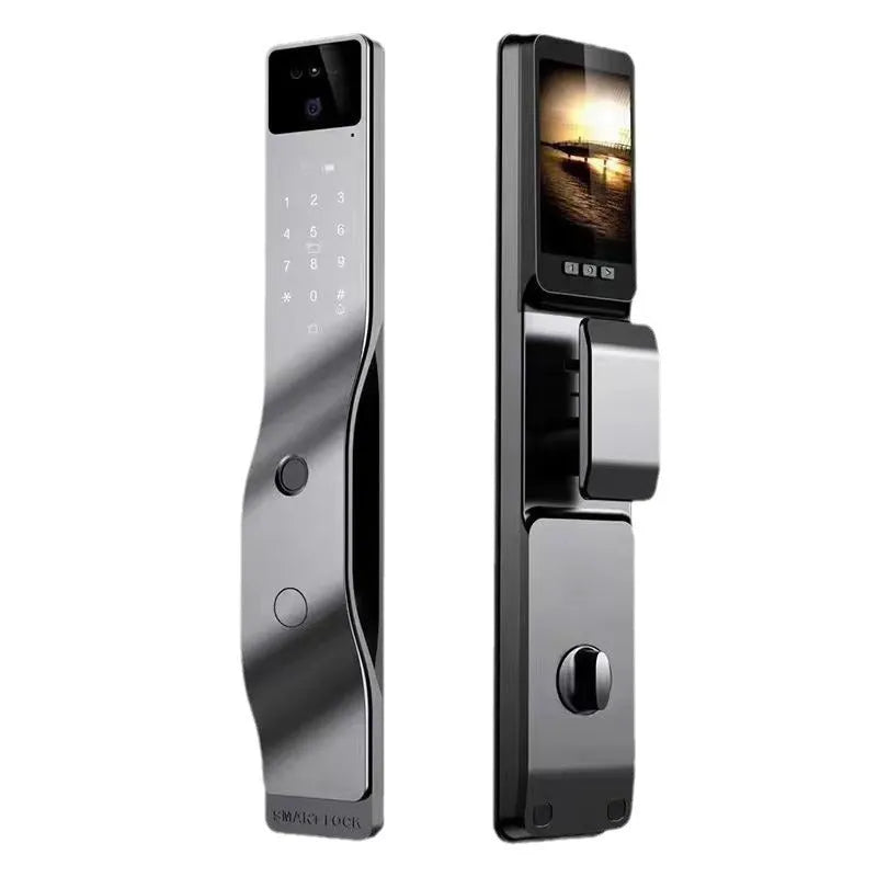 F7 model smart door lock with face recognition, fingerprint scanner, and keypad on aluminium alloy housing.