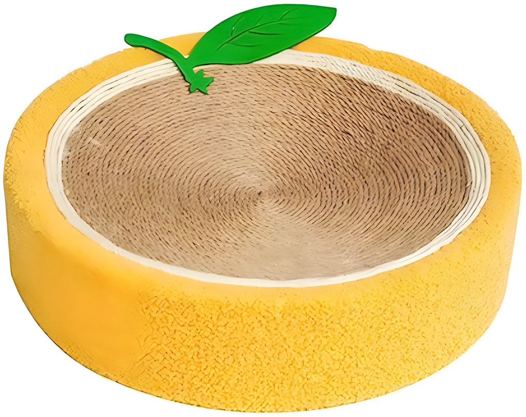 Yellow round cat scratching board made from sisal rope with concave centre for sleeping