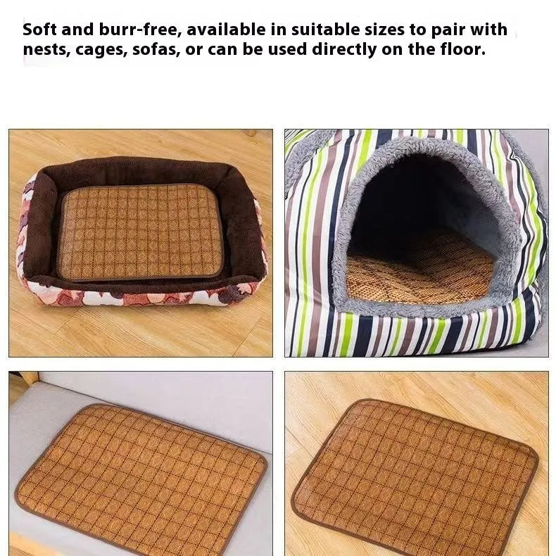 Brown rattan fibre dog cooling mat showing open-weave construction