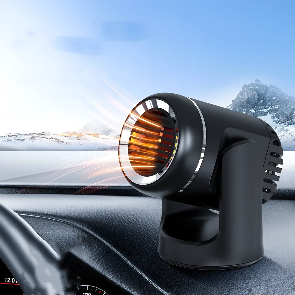Black and white 12V car heater with defrost function measuring 14x12x8cm