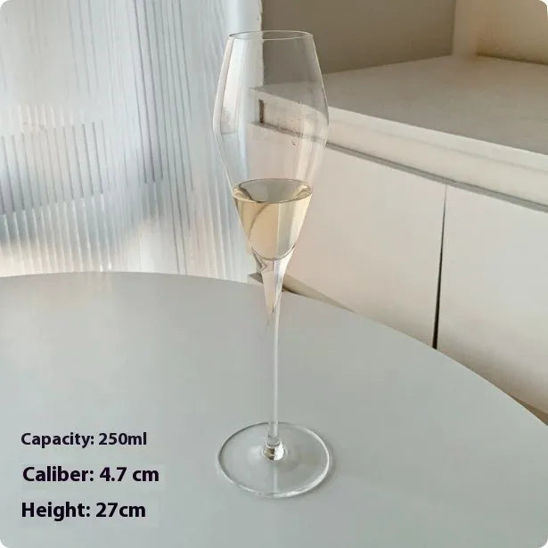 French champagne goblet glass with traditional flute silhouette in multiple colour finishes