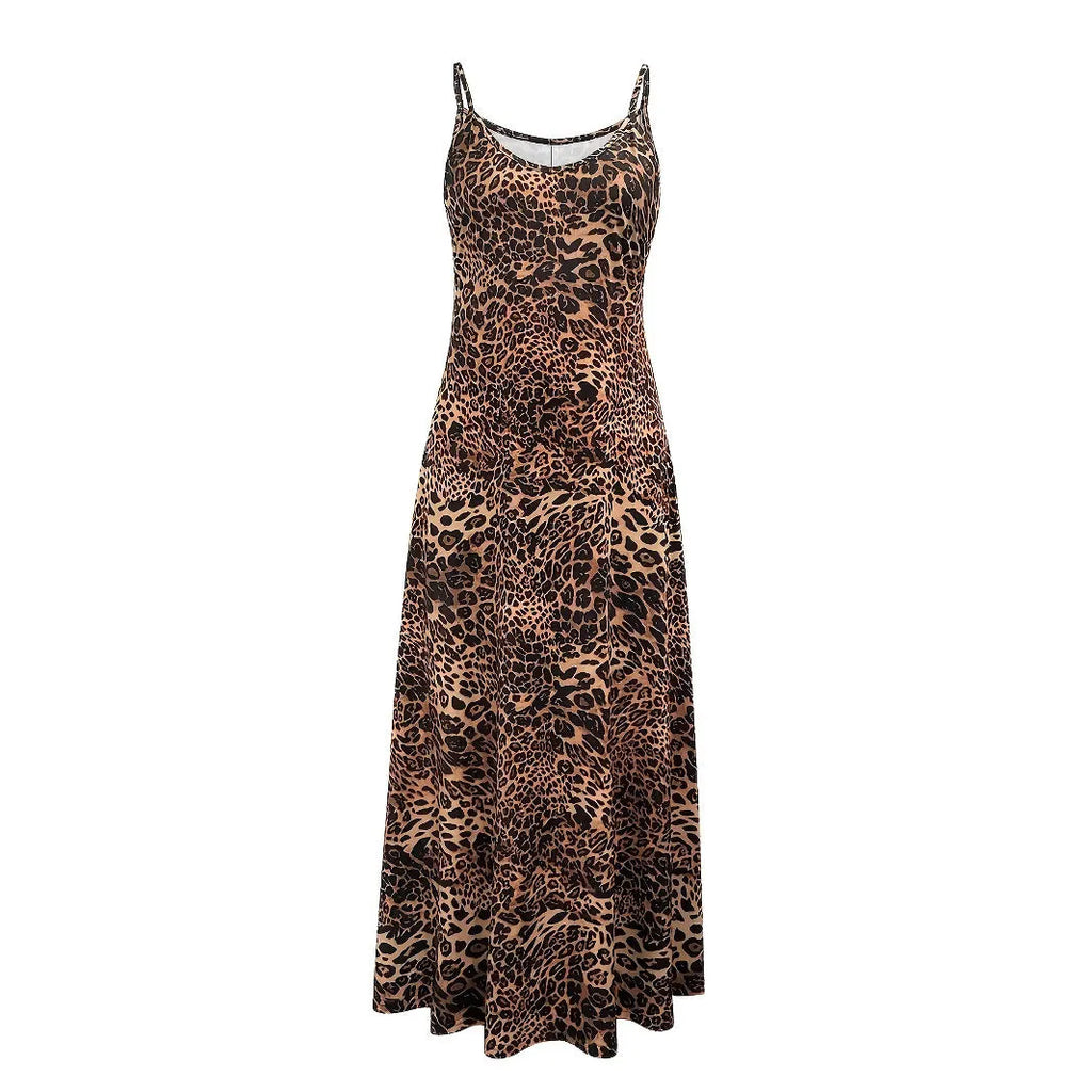 Dark brown leopard print sleeveless dress with round neck and shoulder straps in milk silk fabric