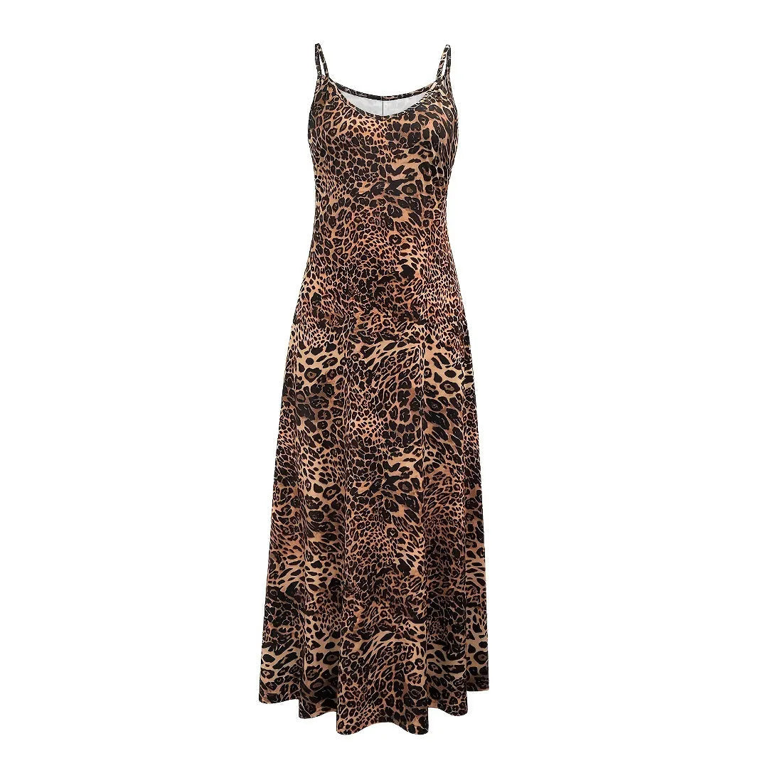 Dark brown leopard print sleeveless dress with round neck and shoulder straps in milk silk fabric