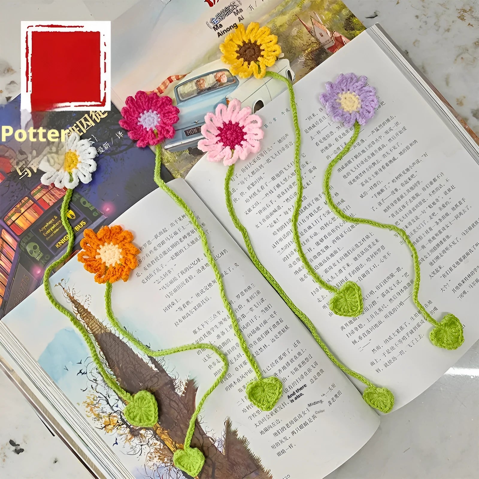 Hand-crocheted daisy design wool bookmark with flexible wire core in various colour options