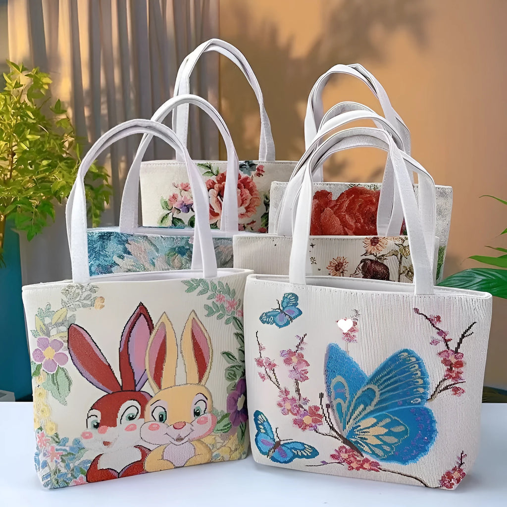 Double-sided gold wire embroidered canvas bag in small, medium, or large size.