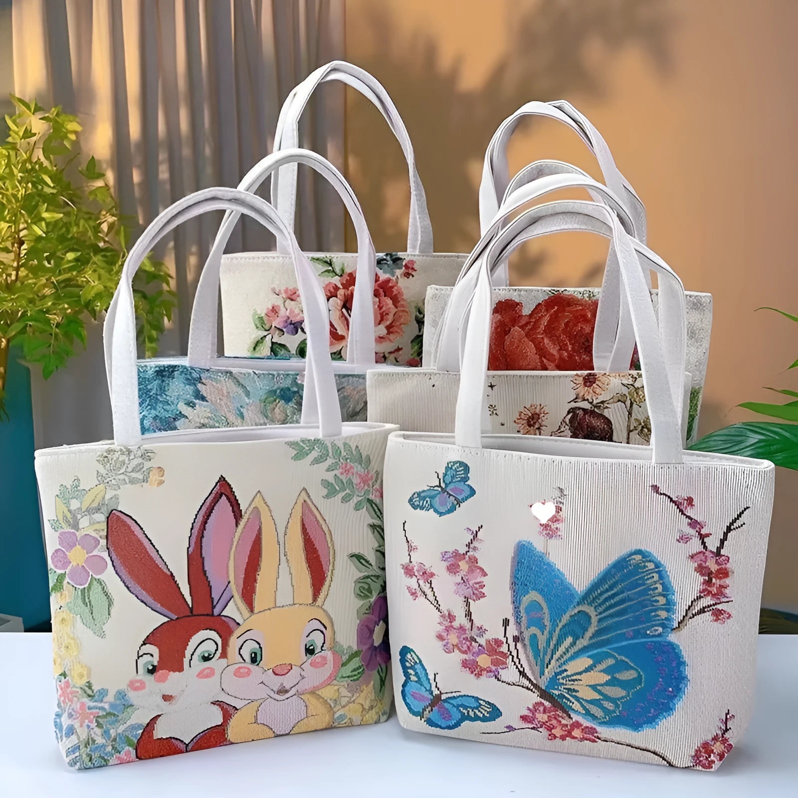 Double-sided gold wire embroidered canvas bag in small, medium, or large size.