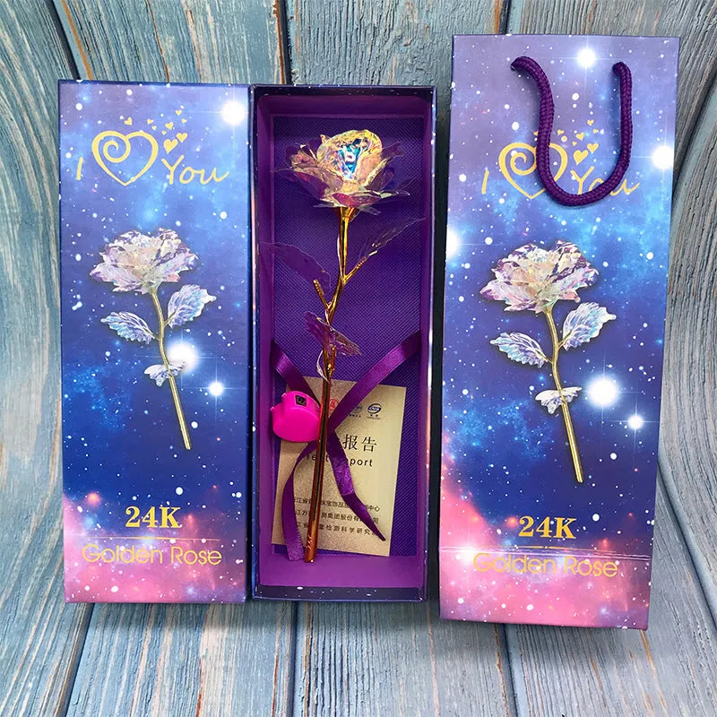 24K luminous colour gold rose flower set in gift box with tote bag
