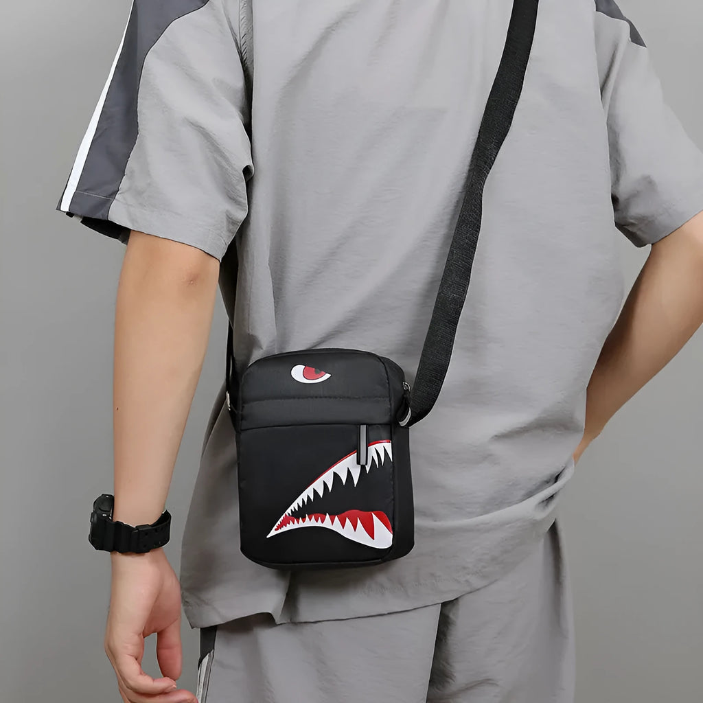 Men's black Oxford cloth crossbody bag with animal pattern design and shoulder strap