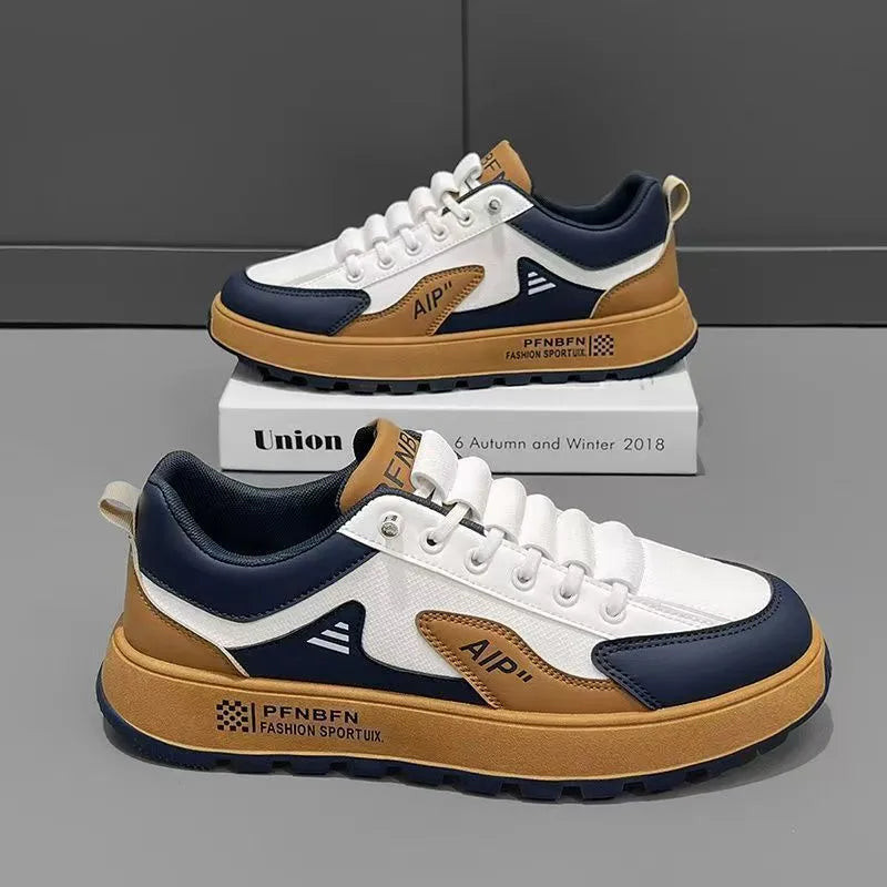 Men's white and black casual sports shoes with round toe and artificial PU leather upper