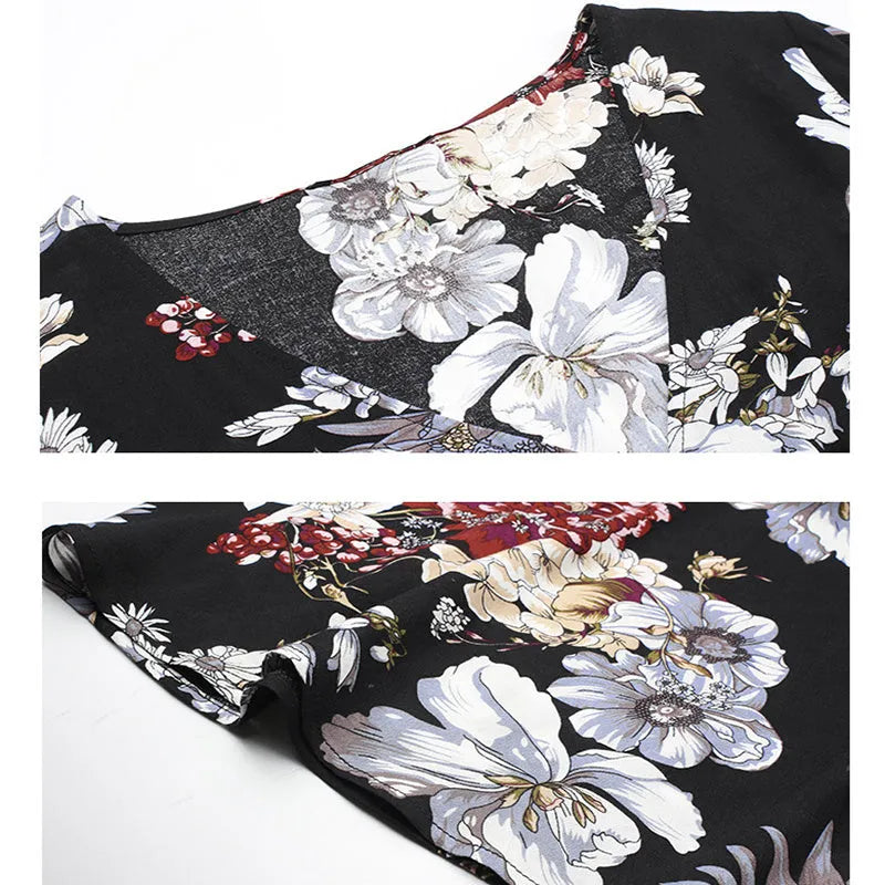 Yellow floral print women's dress with V-neck, short sleeves, elastic high waist, and a full mid-length skirt.